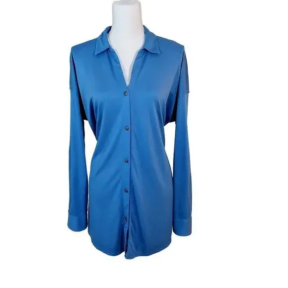J. Jill Button Up Tunic Top Womens Size Medium Blue Preppy Casual Career - Picture 1 of 15